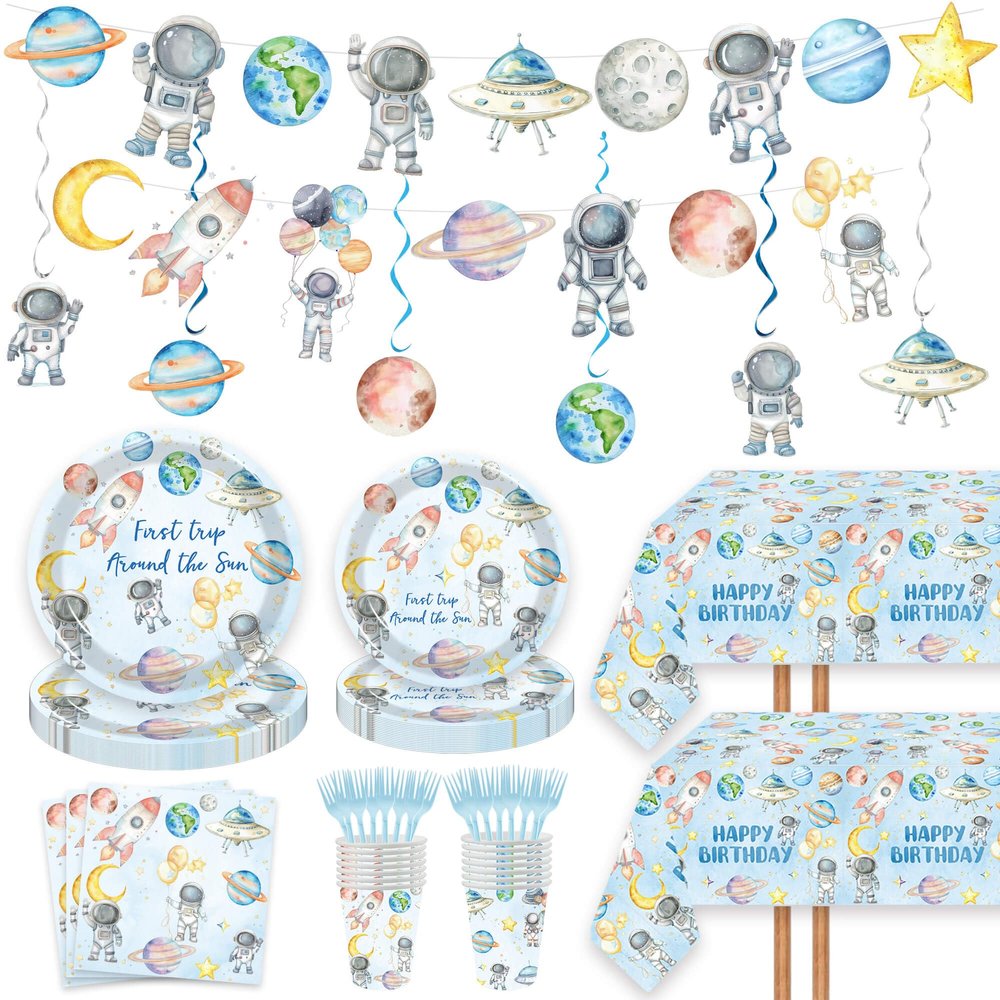 124pcs Space One Birthday Party Supplies Decorations - First Trip Around The Sun Plates Napkins Cups Forks Table Cloths Space Astronaut Banner Hanging Swirls for Boys 1st Birthday Decor(20 Guests)