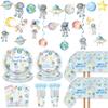 124pcs Space One Birthday Party Supplies Decorations - First Trip Around The Sun Plates Napkins Cups Forks Table Cloths Space Astronaut Banner Hanging Swirls for Boys 1st Birthday Decor(20 Guests) view 1
