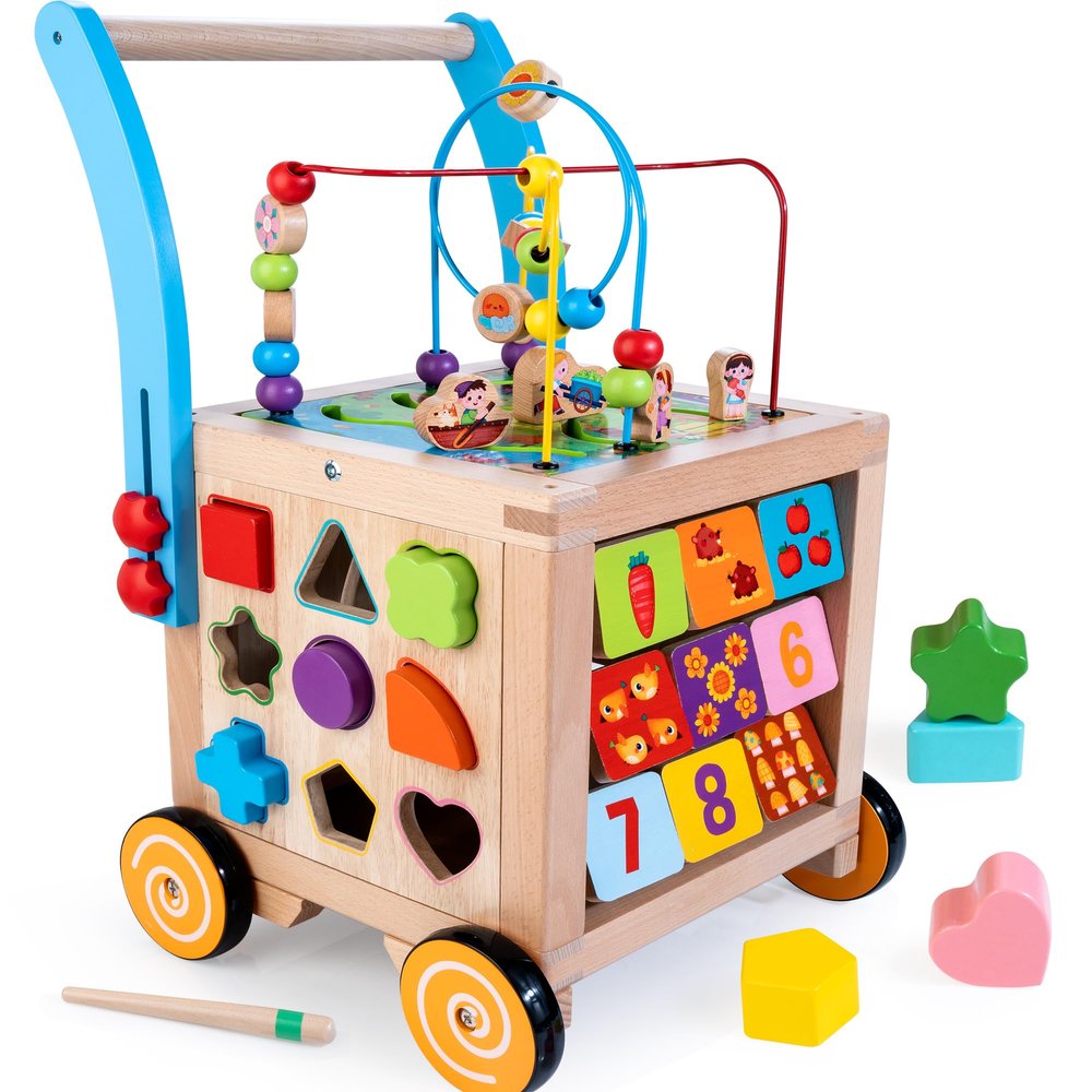Wooden Baby Walker | Baby Push Walker with 9-in-1 Activity Cube, Sit to Stand Learning Walker Toy with Wheels for Boys Girls, Montessori Activity Center Walker, Adjustable Speed & Height