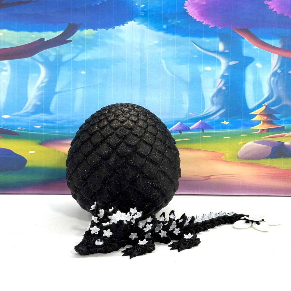 3D Printed Baby Dragon with Dragon Egg, Articulated Cherry Blossom Baby Dragon, Black and White Dragon, Fidget ADHD Autism Toy BD004BW-WE