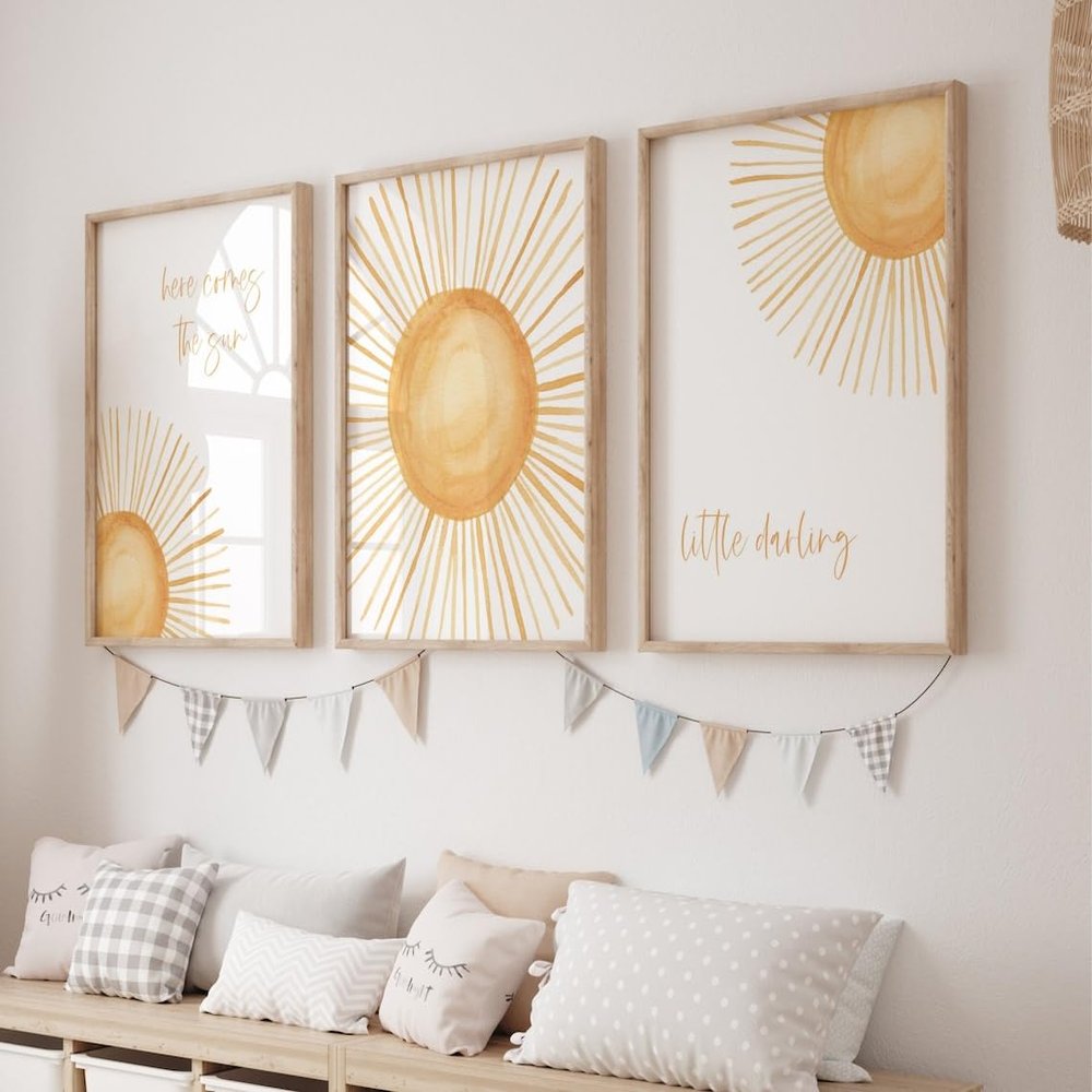 3 Pieces Sun Here Comes The Sun Little Darling Posters Prints Canvas Painting Modular Pictures Framed Artwork for Girl Nursery Baby Room Bedroom Decor No Frame