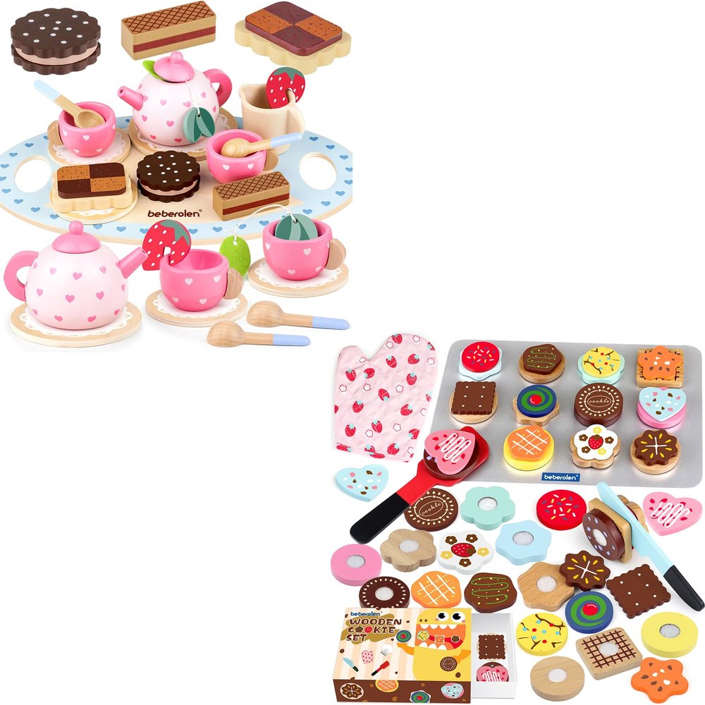 Wooden Tea Party Set Princess Toys and Wooden Cookie Play Food Set Toy