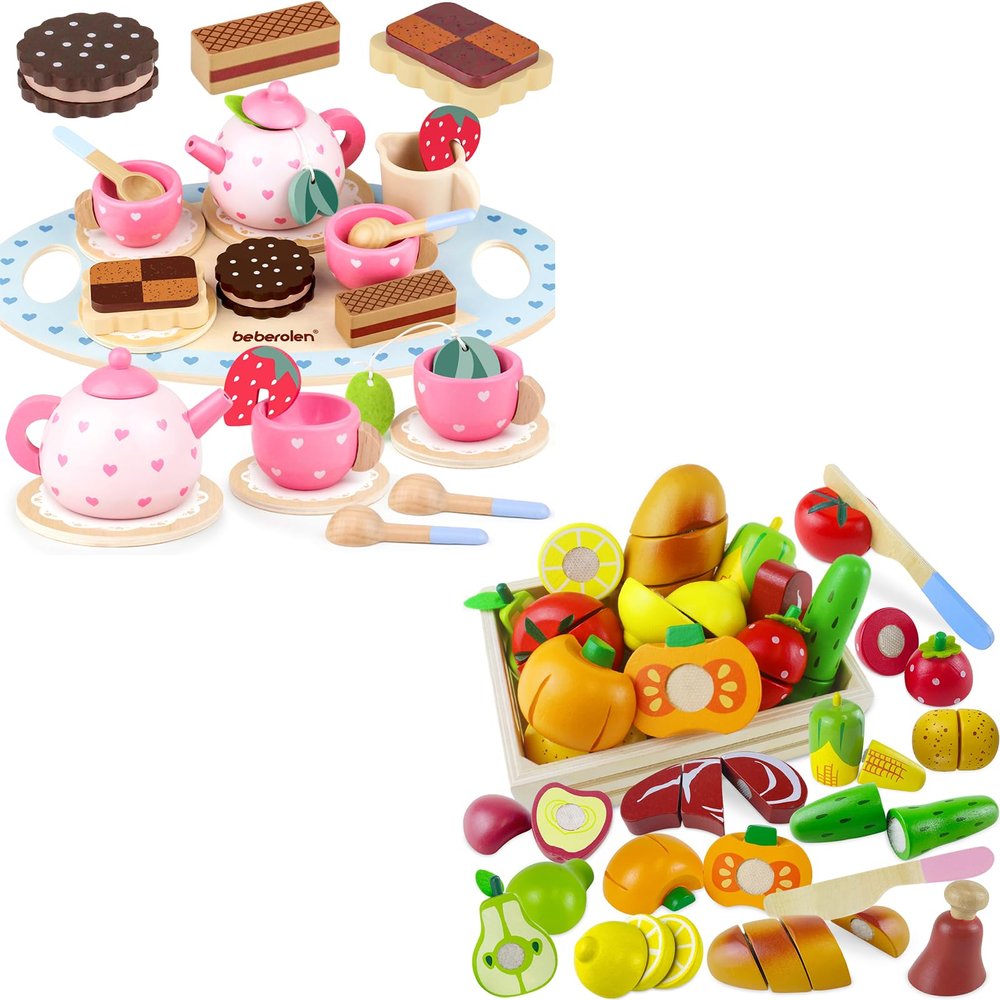 Wooden Tea Party Set Princess Toys and Wooden Cutting Fruit Play Food Set Toy