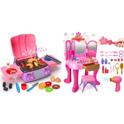 AugToy Girls BBQ Grill Playset & Toddler Vanity Magic Makeup Set Table
