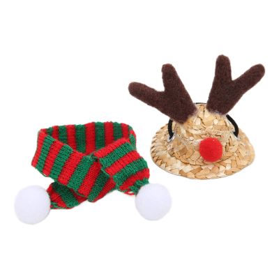 Bearded Dragon Costume, Hamster Clothes Christmas Costume Adjustable Straw Elk Hat and Scarf Bearded Dragon Clothes for Holiday Party Photos (Large hat)