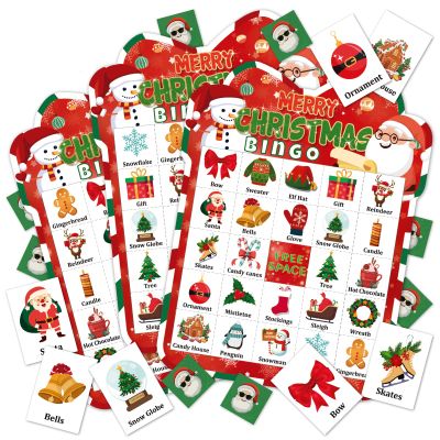 Christmas Bingo Cards Game Set - Xmas Festive Holiday Party Supplies for Kids and Adults, 24 Players, Merry Christmas Themed Bingo Cards for School Classroom, Family Activities, Seasonal Party Favors