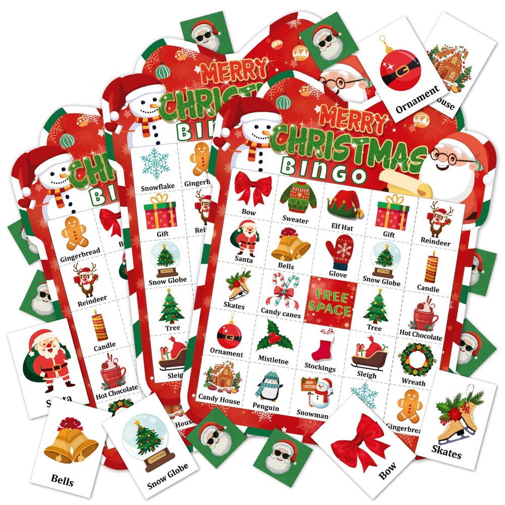 Christmas Bingo Cards Game Set - Xmas Festive Holiday Party Supplies for Kids and Adults, 24 Players, Merry Christmas Themed Bingo Cards for School Classroom, Family Activities, Seasonal Party Favors
