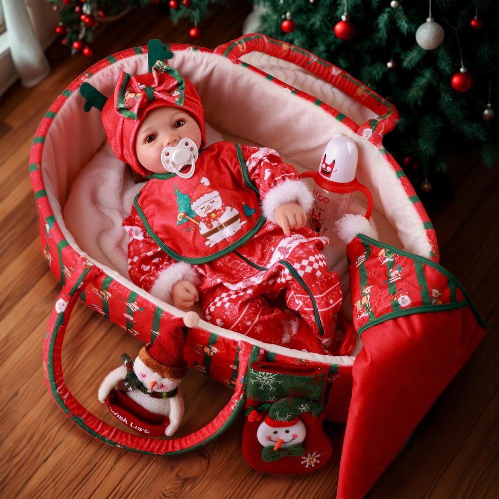 BABESIDE Reborn Baby Doll Clothes Set with Bassinet  9 Pcs Christmas Reborn Baby Doll Accessories & Clothes with Bottle and Socks for 17-22 Inch Realistic Dolls for Girls