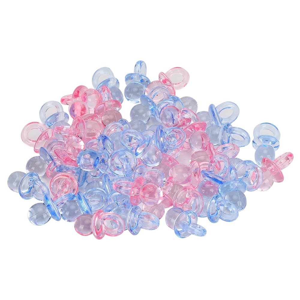 100 PCS Acrylic Pacifier, Mini Pacifier Mini Shower Pacifiers Favors Table Scatter Decoration for Birthday Shower Party Activities (Transparent Pink + Blue)