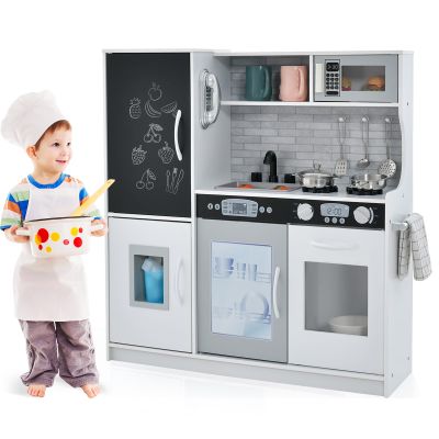 OLAKIDS Kids Kitchen Playset, Toddler Wooden Pretend Cooking Set with Sounds Chalkboard Fridge Ice Maker Microwave Oven Stove Telephone Sink, Simulation Chef Play Toy Gift (White)