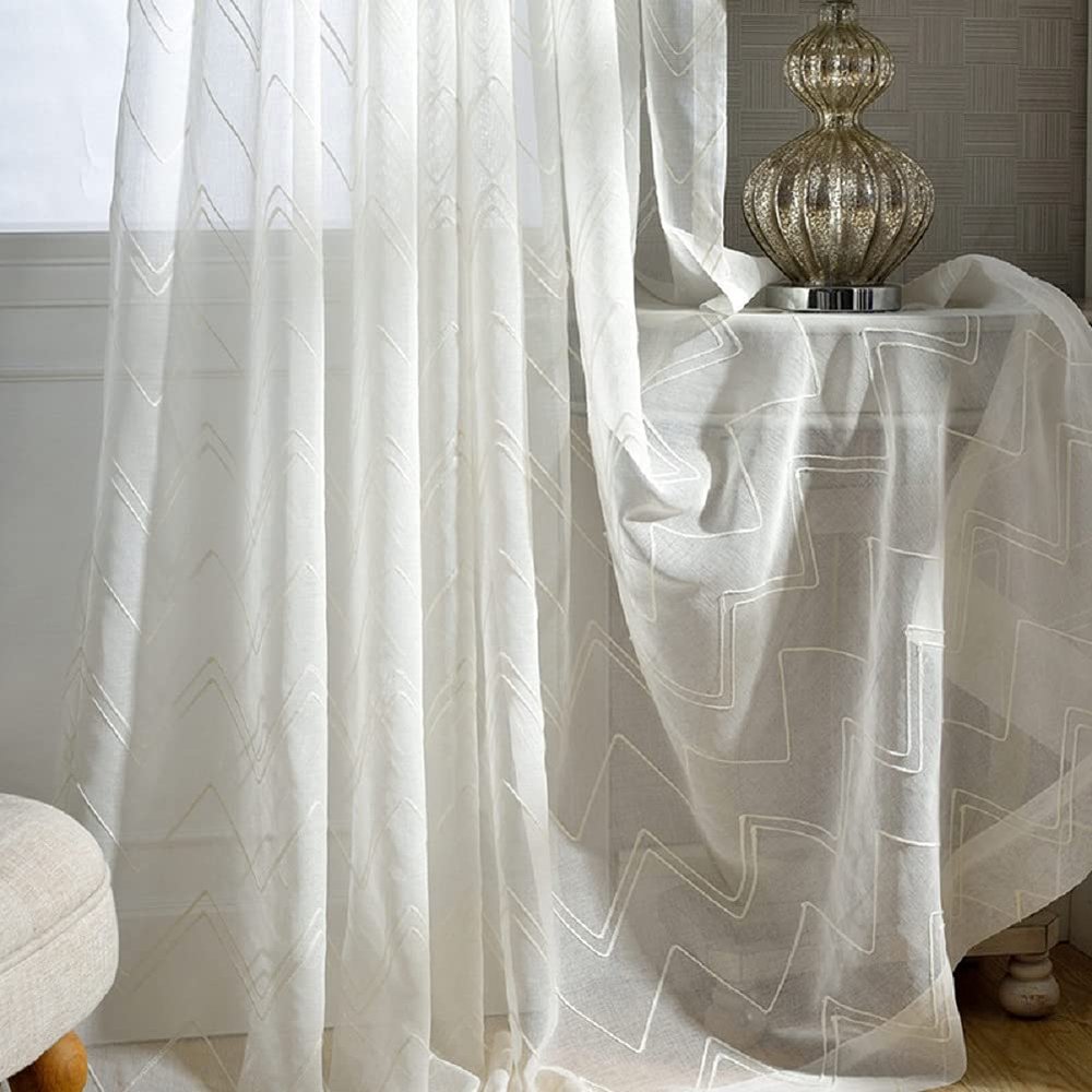 HooHero White Wave 100 Width Voile Sheer Curtains Home Decoration Gauze Drape Fabric Kids Baby Room Bedroom Curtain Simple Geometric Wave Embroidery