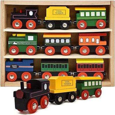 Gift Boutique Wooden Train Cars 9 Piece Collection of Magnetic Trains and Wood Engine and Vehicles Compatible with All Major Brands, A Deluxe Railway Set for Kids