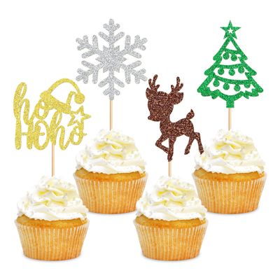 24 Pack Christmas Cupcake Toppers Xmas Tree Snowflake Cupcake Picks Christmas Eve Party Baby Shower Birthday Party Cake Decorations Supplies