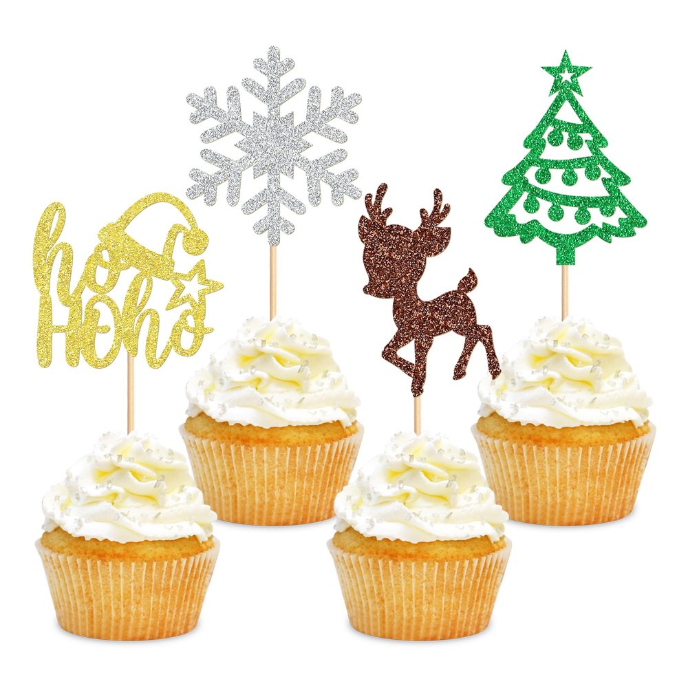 24 Pack Christmas Cupcake Toppers Xmas Tree Snowflake Cupcake Picks Christmas Eve Party Baby Shower Birthday Party Cake Decorations Supplies