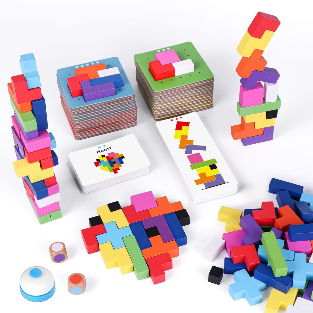 QianShouYan Wooden Block Game 120Pcs Fast-Paced Stacking Building Block Game Challenging Board Games for Kids 1 to 6 Players Color Block Puzzles Party Games for Ages 4+ Blue