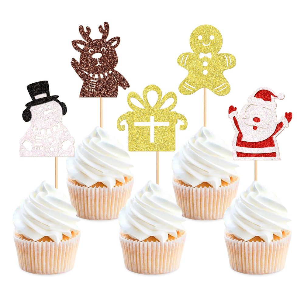 24 Pack Christmas Cupcake Toppers Gingerbread Man Santa Claus Snowman Cupcake Picks Christmas Eve Party Baby Shower Birthday Party Cake Decorations Supplies