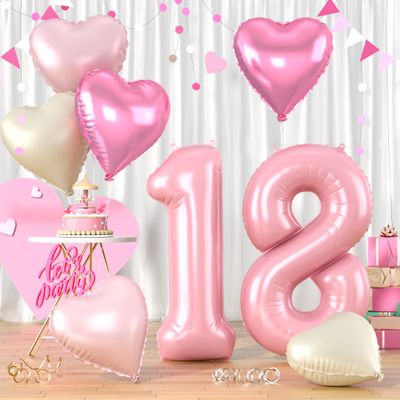 40 Inch Pink 18 Balloons, Big Light Pink 18 Balloon Number with 18 Inch Baby Pink Cream White Foil Heart Balloons for Girls 18th Birthday Party Baby Shower Anniversary Princess Party Decorations