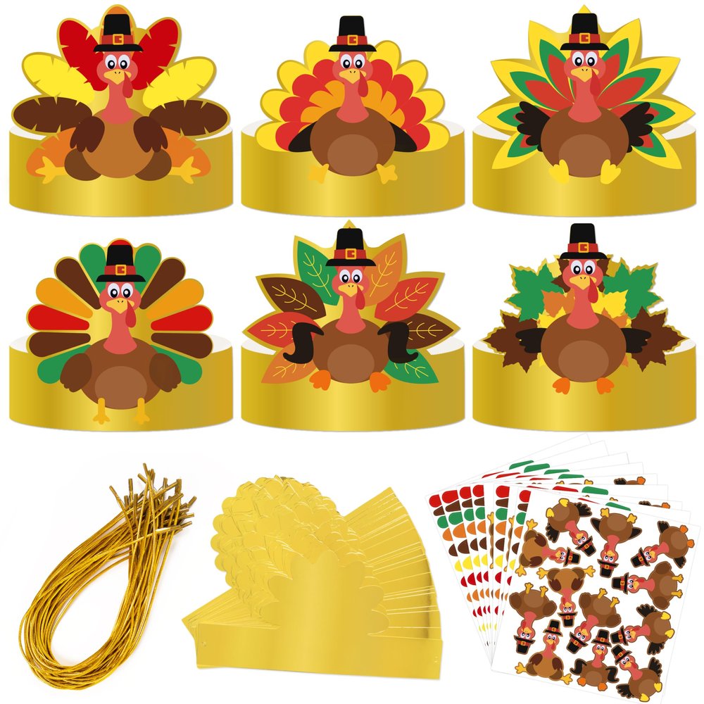 80UncleKimby 36Pcs Thanksgiving Turkey Hat Craft Kit for Kids - DIY Fall Paper Headbands Crowns Arts Decoration for Classroom Activities Party Supplies