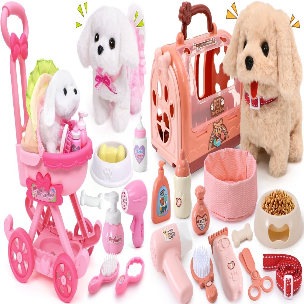 Golray Kids Dog Toys - Electronic Dog with Stroller, Carrier & Accessories - Pretend Play Set