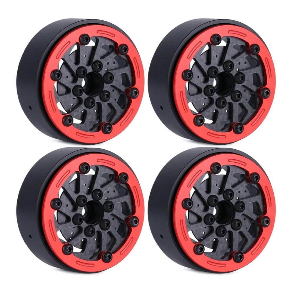4pcs 1.9Inch Carbon Fibre Wheel Rim with Brake Rotors for 1/10 RC Car Wraith SCX10 TRX4 Capra VS4-10 RC4WD KM2 LCG (C-Red)