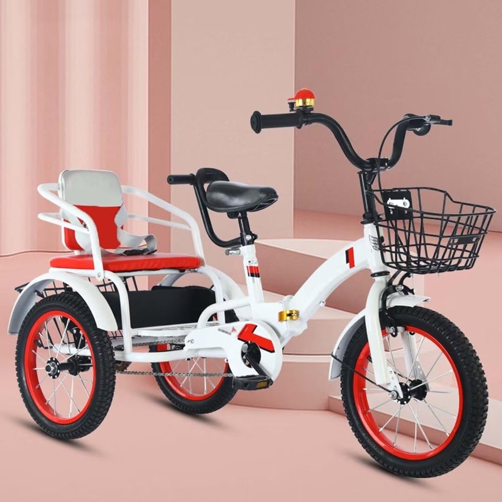 Folding Cruiser Trike for Aged 3-10 Years,Toddler Tandem Tricycle with Rear Passenger seat,3 Wheeler Pedal Rickshaw trikes with Pneumatic tire Spoke Wheel,max Load 100kg Kids trikes