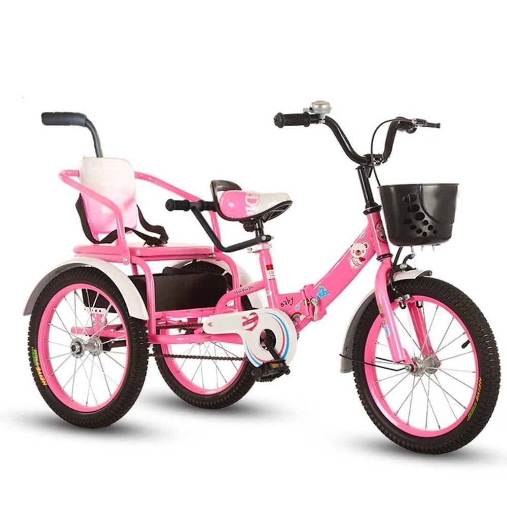 Folding Toddler Pedal Tricycle for Aged 3-10 Years Old,Children Large Tricycle with Rear Push Rod and armrest,Tandem Rickshaw trikes with Large Rear seat,3 Wheeled Cruiser Bike