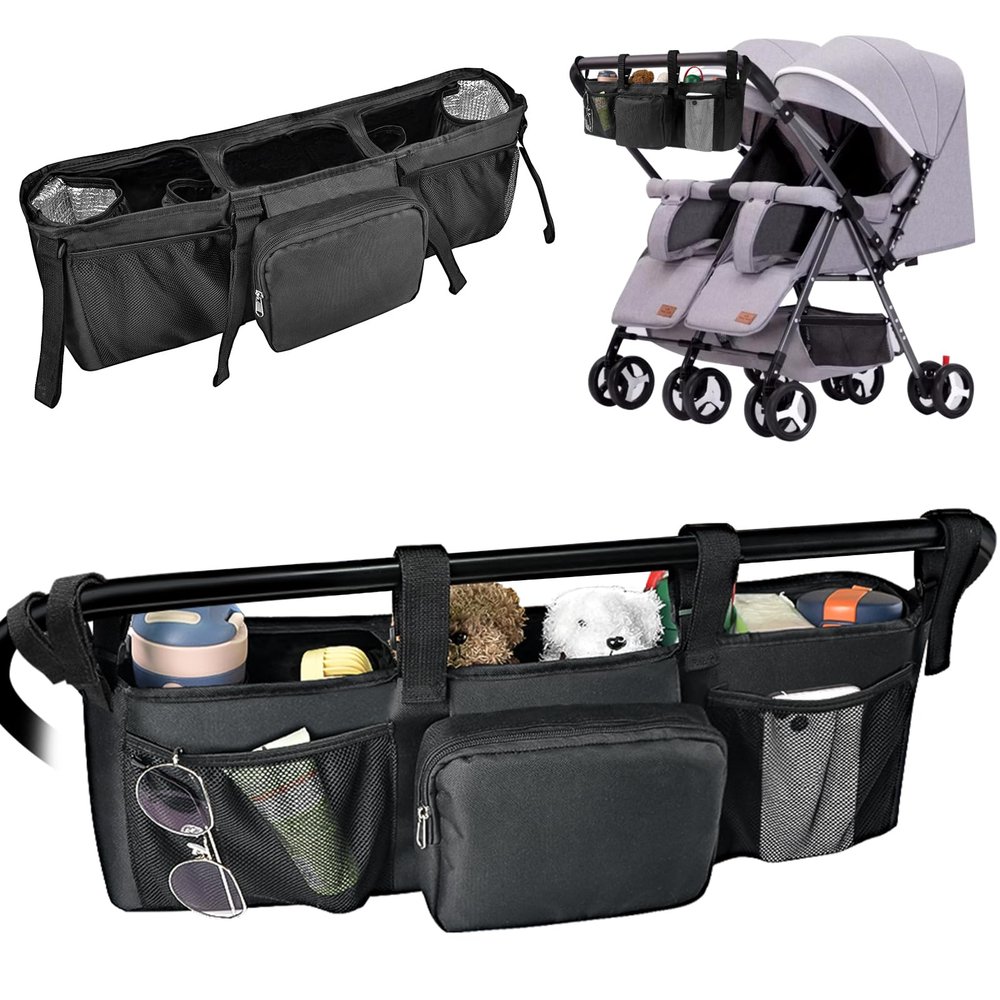Double Stroller Organizer, Double Stroller Caddy Organizer Compatible with Bob Doubles Strollers Doubles Jogging Strollers Accessories with Cooler Pockets for Side by Side Double Stroller