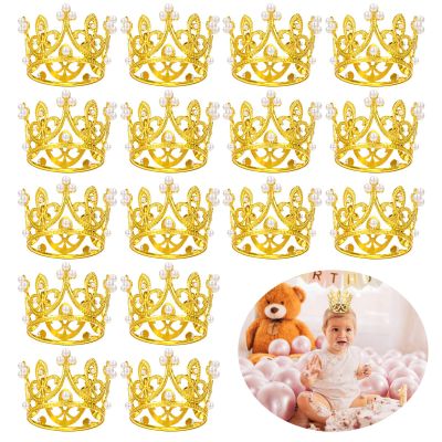 16 Pcs Crown Cake Topper, Mini Gold Crown Cake Topper Mini Crown for Flower Bouquet Accessories Birthday Crowns Cupcake Toppers for Bridal Wedding Baby Shower Mothers Day Party Cake Decor (Gold)