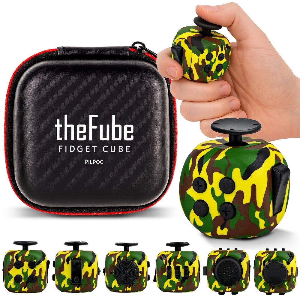 PILPOC theFube Fidget Cube, 6-Sided Stress Relief Infinity Cube for Adults & Kids, Boosts Concentration, Mindfulness Aid, Silent & Audible Modes, Includes Carry Case for Portability (Forest Shadow)