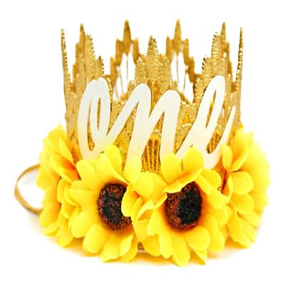 LOVECRUSH Crowns Sunflower First Birthday Mini Crown, Handmade Lace Baby Cake Smash Hat with Adjustable Elastic, Mini Sunflower Headband for Girls, Birthday Party Photo Prop