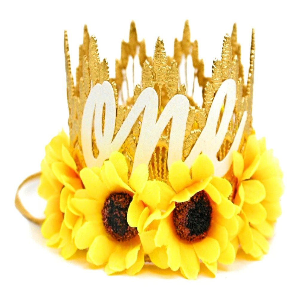LOVECRUSH Crowns Sunflower First Birthday Mini Crown, Handmade Lace Baby Cake Smash Hat with Adjustable Elastic, Mini Sunflower Headband for Girls, Birthday Party Photo Prop