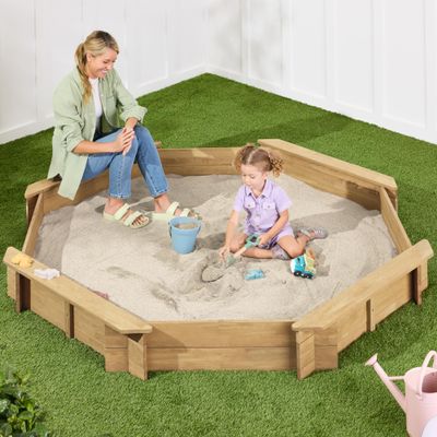Best Choice Products Large Outdoor Octagon Wooden Sand Box for Kids, Sandbox with Cover, 4 Reinforced Benches Support up to 220 lbs Each, Bottom Liner for Drainage - Natural
