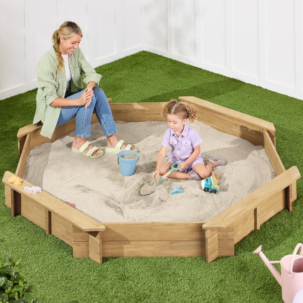 Best Choice Products Large Outdoor Octagon Wooden Sand Box for Kids, Sandbox with Cover, 4 Reinforced Benches Support up to 220 lbs Each, Bottom Liner for Drainage - Natural
