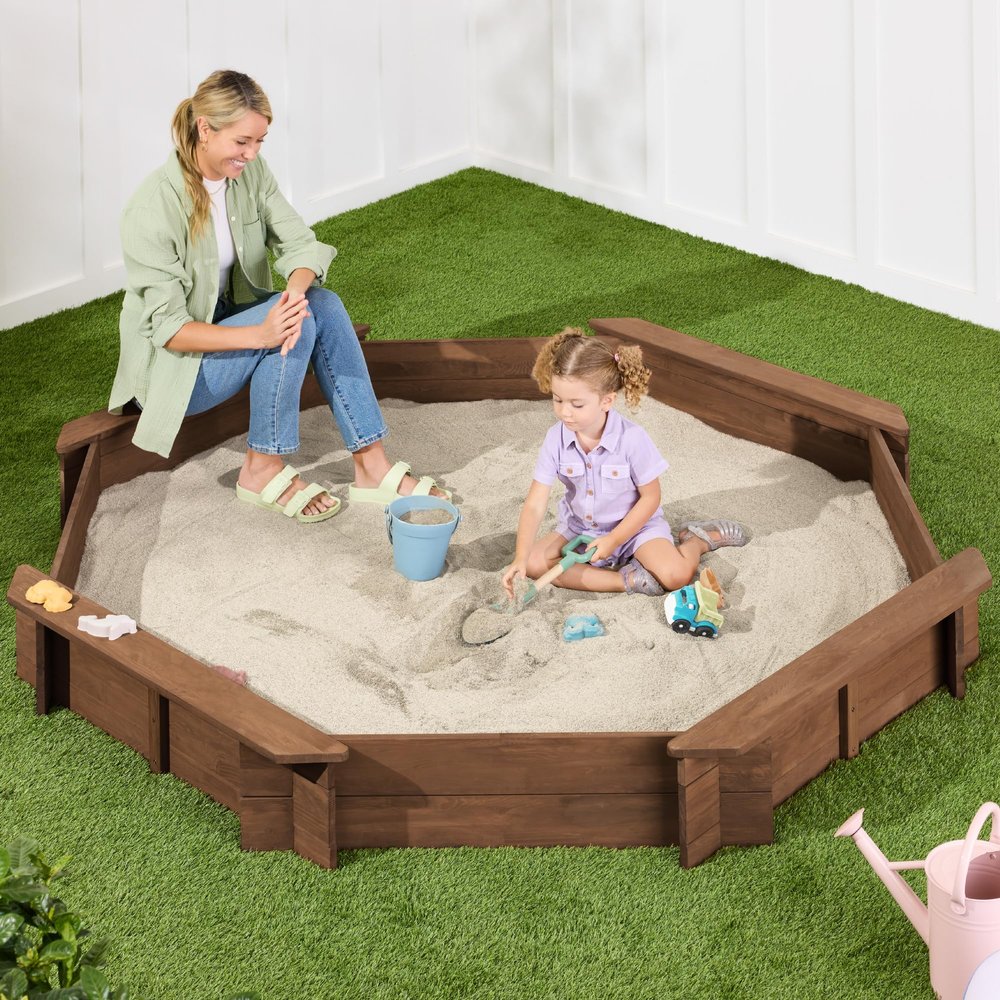 Best Choice Products Large Outdoor Octagon Wooden Sand Box for Kids, Sandbox with Cover, 4 Reinforced Benches Support up to 220 lbs Each, Bottom Liner for Drainage - Walnut