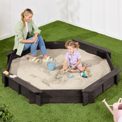 Best Choice Products Large Outdoor Octagon Wooden Sand Box for Kids, Sandbox with Cover, 4 Reinforced Benches Support up to 220 lbs Each, Bottom Liner for Drainage - Espresso