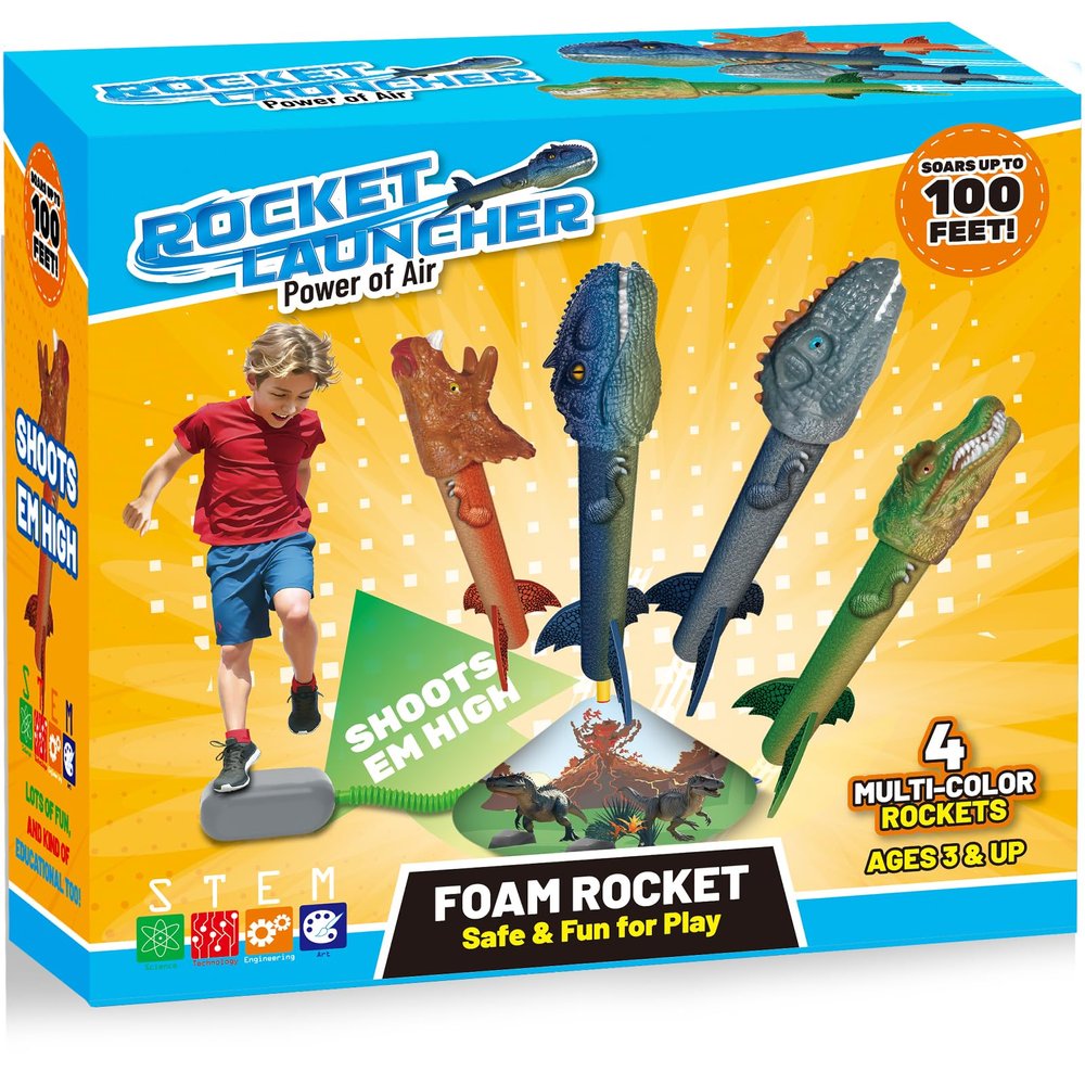 Otoseth Dinosaur Rocket Launcher for Kids, 4 Rockets with Launcher Pad, Launch Up to 100 Ft, Dinosaur Toys for Kids, Outdoor Toys, Birthday Gifts for 3 4 5 6 7 Year Old Boys Girls