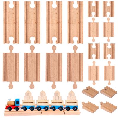 20 Pcs Straight Wooden Tracks Expansion Wood Train Track Pieces Connectors Adapters Male Male Female Female Train Track Wood Starting Wooden Bridge Accessories Compatible with Railroad Set