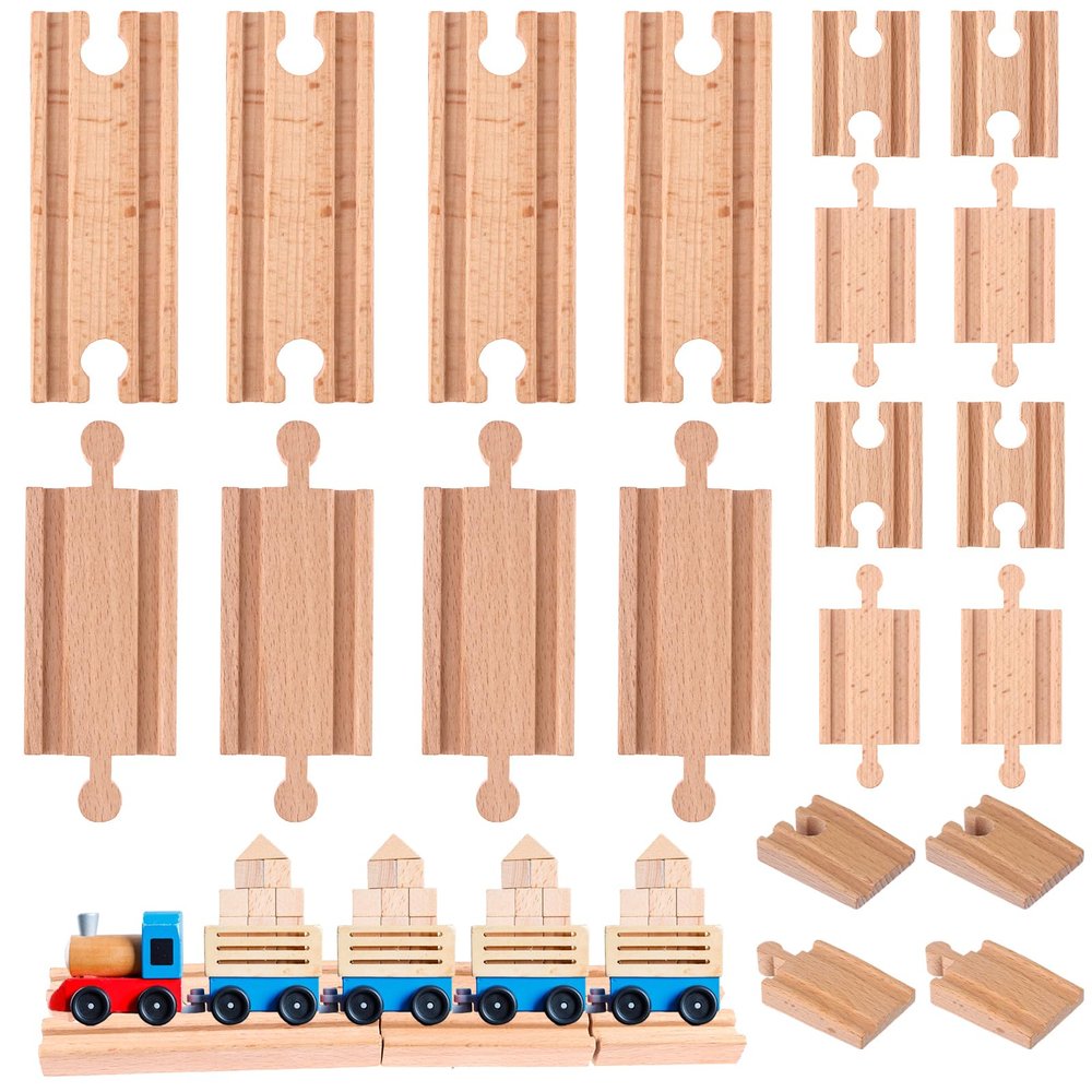 20 Pcs Straight Wooden Tracks Expansion Wood Train Track Pieces Connectors Adapters Male Male Female Female Train Track Wood Starting Wooden Bridge Accessories Compatible with Railroad Set