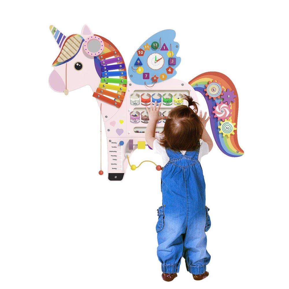 Unicorn Sensory Wall Panel for Kids - Activity Wall Busy Board Panels, Montessori Toddler Wall Activity Board, Wall Toys for Toddlers 3, Activity Cube, Perfect for Toddler Playroom, Pink