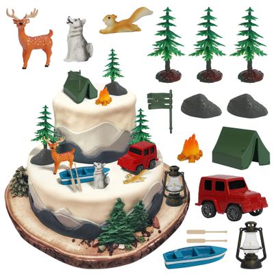 16Pcs Camping Cake Toppers for Camping Fans' Birthday Supplies, Camp Cake Decorations for Boys, Fireside Camp Forest Cake Decors for Camping Forest Theme Party