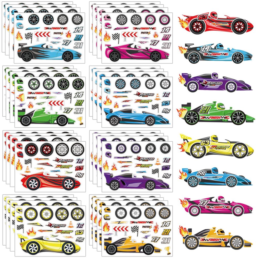 Abilat 32 Sheets Make a Face Race Car Stickers for Kids Make Your Own Race Car Stickers Sheets Racing Themed Birthday Party Favor School Rewards DIY Art Craft Supplies