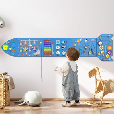 Spacocld Rocket Activity Wall Busy Board Panels - Sensory Wall Panel for Kids, Montessori Toddler Wall Activity Board, Wall Toys for Toddlers 3, Activity Cube, Wooden Multi-Activity Boards, Blue(5PCS)