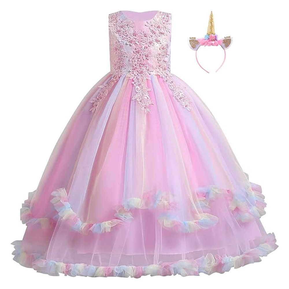 REXREII Girls Unicorn Costume Princess Birthday Christmas Party Halloween Cosplay Rainbow Tulle Long Dresses w/Headband Pink 6-7T