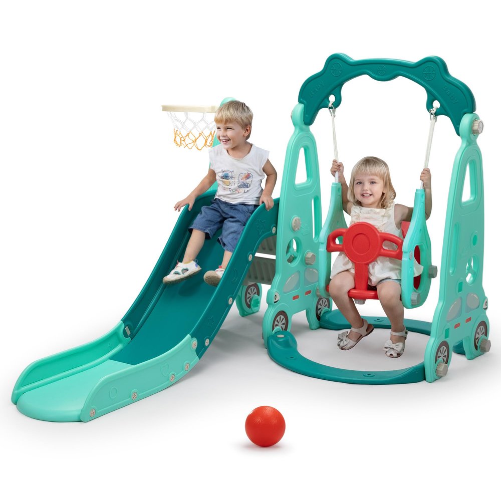 4 in 1 Slide Climber Swing Set, Freestanding Toddler Slide Climber Playset with Basketball Hoop, Toddler Playground Indoor Outdoor, Easy Setup