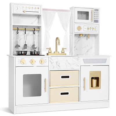 JOYLDIAS Play Kitchen, Wooden Kids Play Kitchen Playset Chef Pretend Play Set for Toddlers w/Ice Cube Dispenser, Oven, Cooking Accessories,Trendy Home Style w/Curtains, Storange Box, Gift for Ages 3+