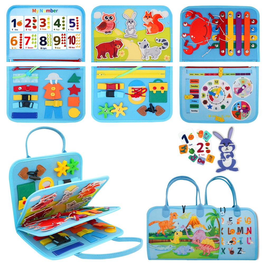 MEGRANATE Montessori Busy Board, Baby Busy Book Educational Learning Toys for Toddlers Quiet Book Activity Books Buckle Toy Fine Motor Skills Toys for 3+ Year Old Kids (Blue)