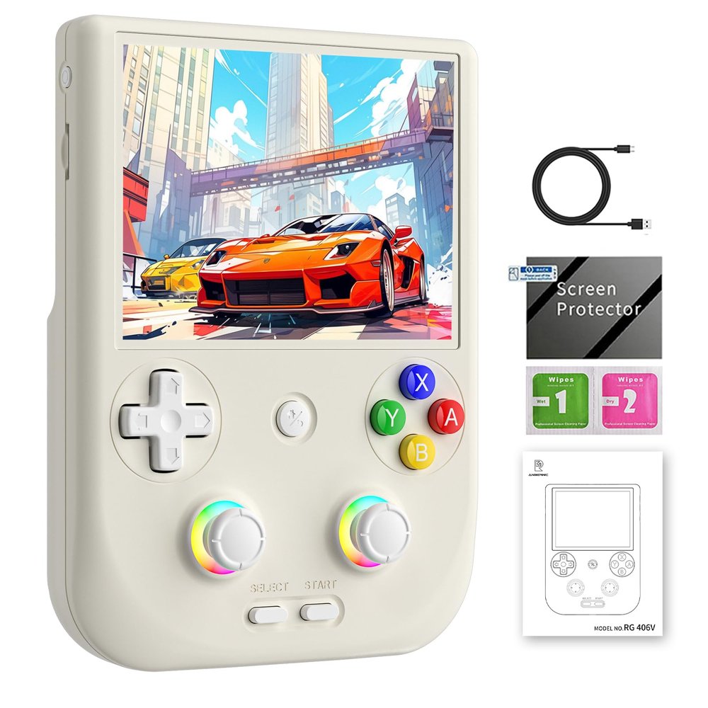 GiipGoop RG406V Handheld Game Console RG 406V 4-inch IPS Multi-touch Screen Retro Game Console No Card Android 13 Retro Emulator RG406V 5500mAh Battery 1080p DP WIFI Bluetooth Beige White