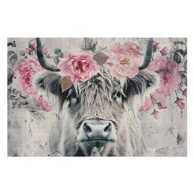 MoBlinko Gray Highland Cow Wooden Puzzles for Adults 1000 Pieces Pink Flower Jigsaw Puzzles 1000 Piece Puzzle for Adults 30 X 20 Inches for Artistic Decorations Birthday Party Game