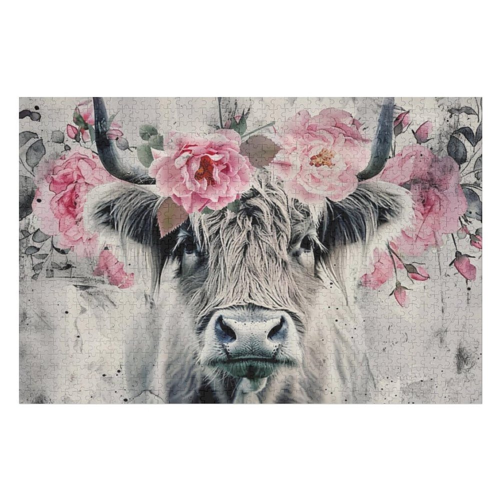 MoBlinko Gray Highland Cow Wooden Puzzles for Adults 1000 Pieces Pink Flower Jigsaw Puzzles 1000 Piece Puzzle for Adults 30 X 20 Inches for Artistic Decorations Birthday Party Game