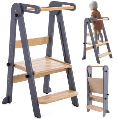 Gewitt Foldable Toddler Kitchen Stool Helper - Adjustable Height Folding Toddler Standing Tower, Kids Helper Stool with Safty Rail for Kitchen Counter Bathroom (Grey)